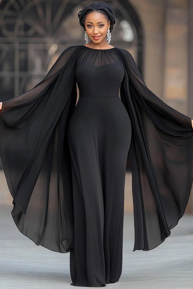 Xpluswear Design Plus Size Formal Black Round Neck Flare Pocket Vintage Chiffon Jumpsuits [Pre-Order]