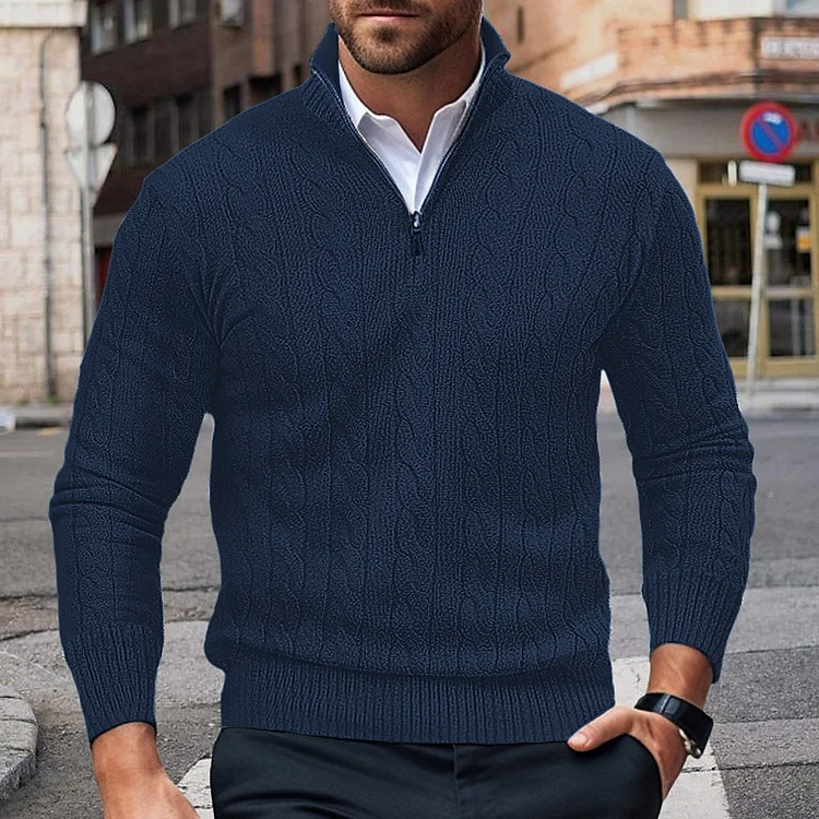 Men's Daily Stand Collar Half Zip Cable Knit Long Sleeve Sweater