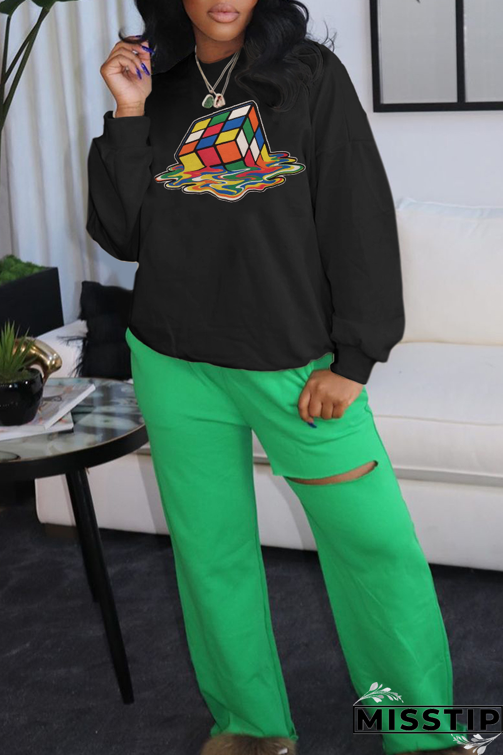 Black Street Daily Print Patchwork O Neck Tops