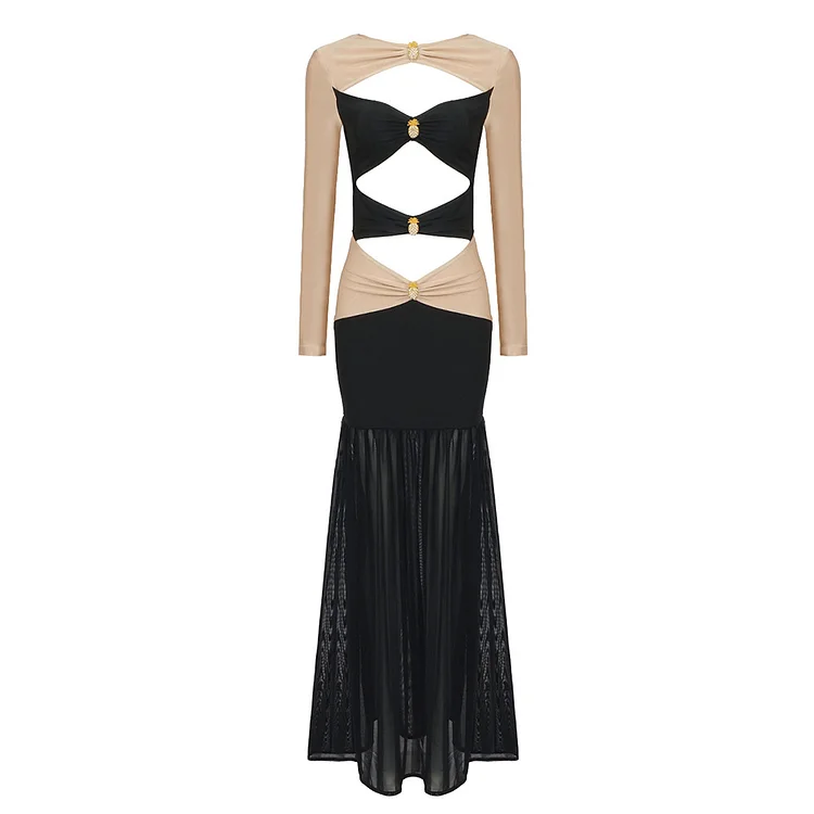 Pineapple Buckle Hollow Dress Long Sleeve Mesh Long Dress