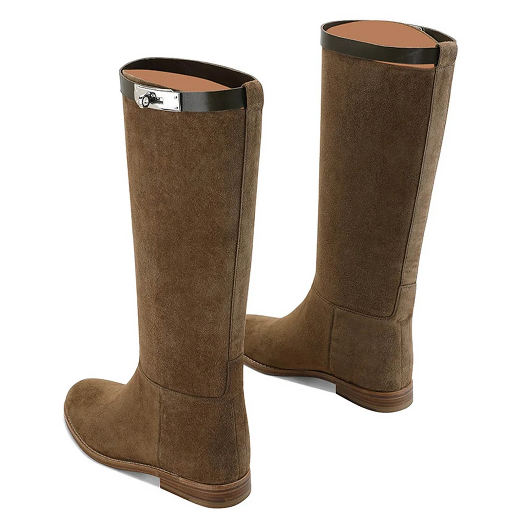 Brown Vegan Suede Knee High Closed Toe Flat Stylish Boots for Ladies