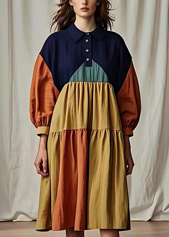 Pre sale - shipping in 30 days/Art Colorblock Peter Pan Collar Patchwork Cotton Maxi Dresses Summer