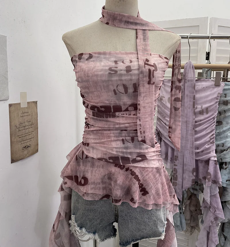 Nigikala Nigikala Shooting Spice Girls Irregular Lotus Leaf Side Ribbon With Non-Slip Strip Mesh Printing Chest Vest 8037