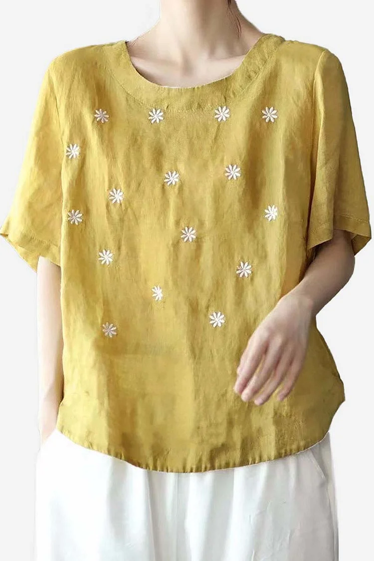 Linen Ditsy?Floral Embroidery Round Neck Short Sleeve Casual Top