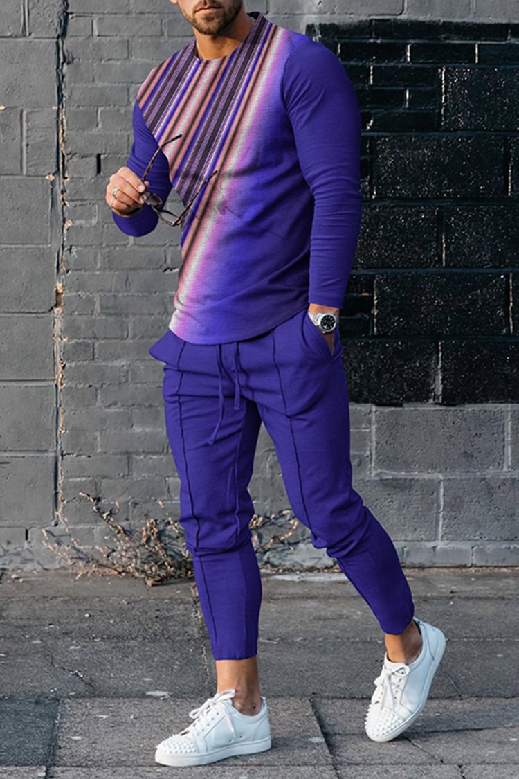 Tiboyz Fashion Men's Color Contrast Long Sleeve T-Shirt And Pants Two Piece Set