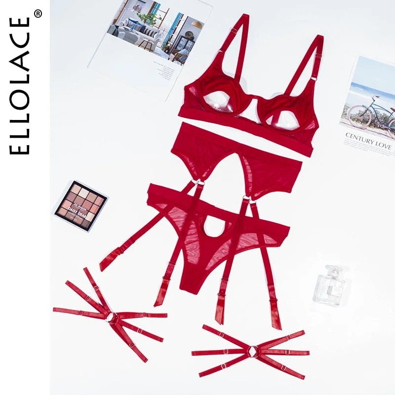 Ellolace Hollow Out Erotic Lingerie Apparel Underwear Set Solid Sexy Costume Bra 3 Piece Porn Sissy Intimate Sensual Sex Suit