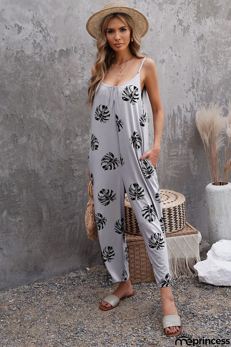 Palm Leaves Print Spaghetti Strap Wide Leg jumpsuit