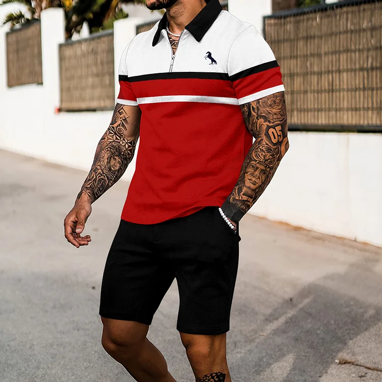 BrosWear Fashion Contrast Striped Red Short Sleeve Polo Shirt And Short Co-Ord