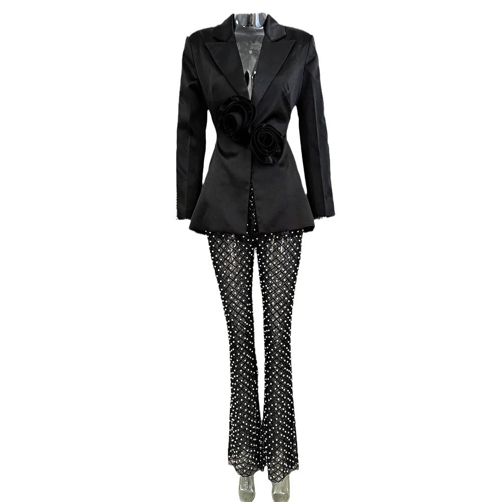 Nigikala Nigikala Early Spring New Fashion Hollow Nail Bead Three-Dimensional Flower Suit Pearl Lint Trousers