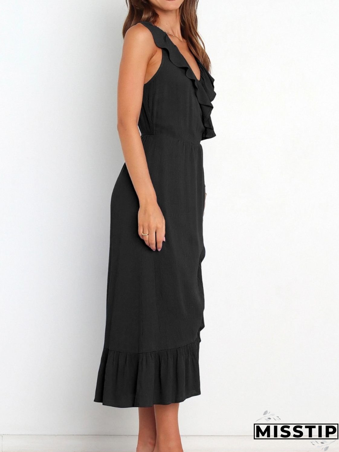 Ruffled Surplice Sleeveless Midi Dress
