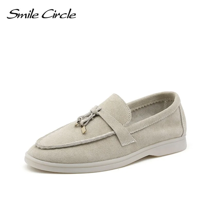 Smile Circle/cow-suede loafers Women Slip-On flats shoes Genuine Leather Ballets Flats Shoes for women Moccasins big size 36-42