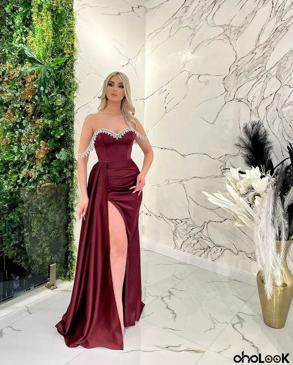 Women Solid Off Shoulder Maxi Slit Dress Dress