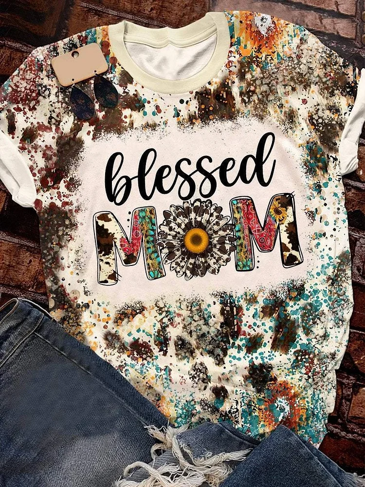 Blessed Mom Print Short Sleeve T-shirt