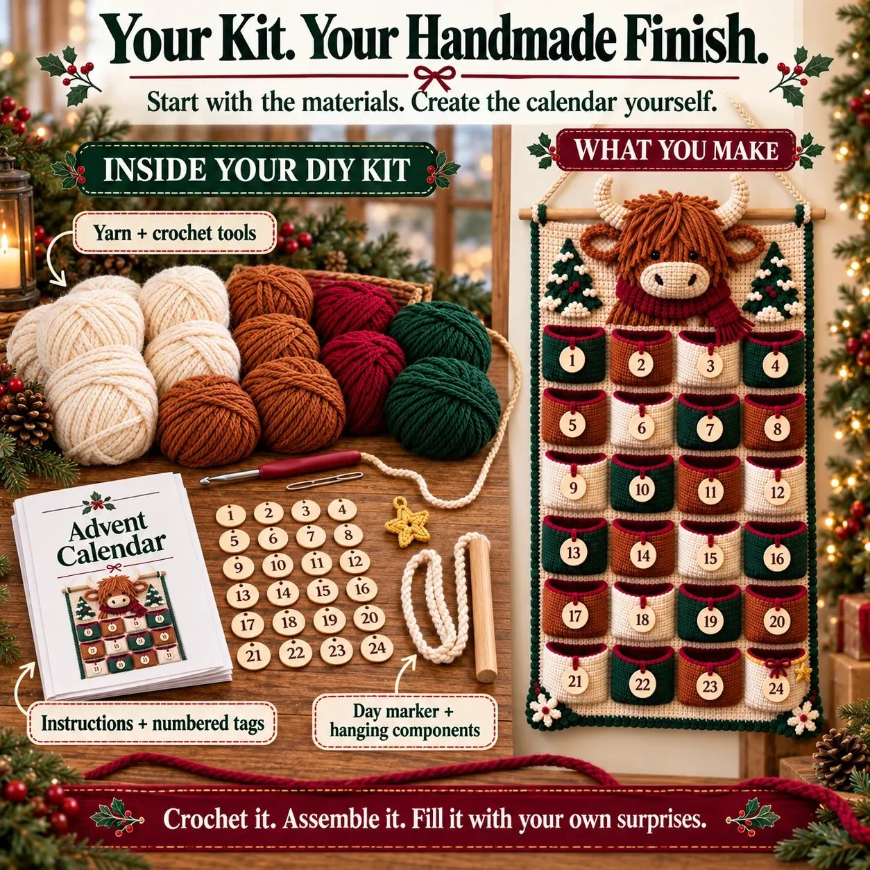 Kit materials and accessories next to a finished Highland cow crochet Advent calendar example
