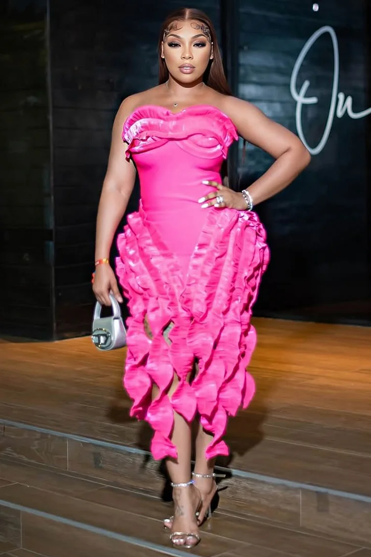 Ruffle Strapless Slim-Fit Fringe Hem Party Midi Dresses-Fuchsia [Pre Order]