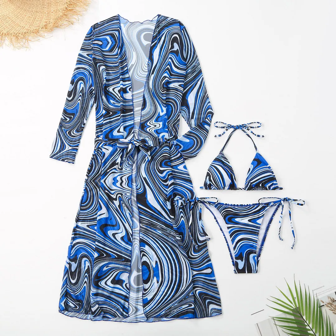 Uveng 2022 New Striped T-Shirt With Long Nepotnet Yarn In Three-Piece Bikini