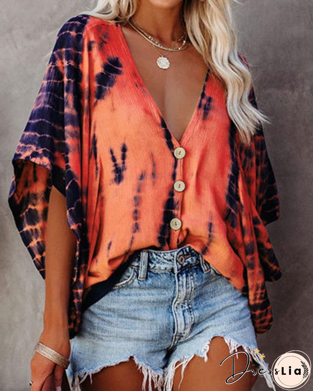 Bat Sleeve Tie-dye Print Blouse P10154
