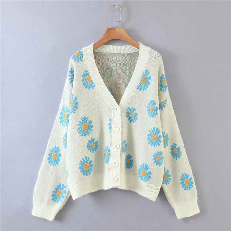 Women's Knitted Cardigan Small Chrysanthemum Single Breasted Loose Sweater Cardigan