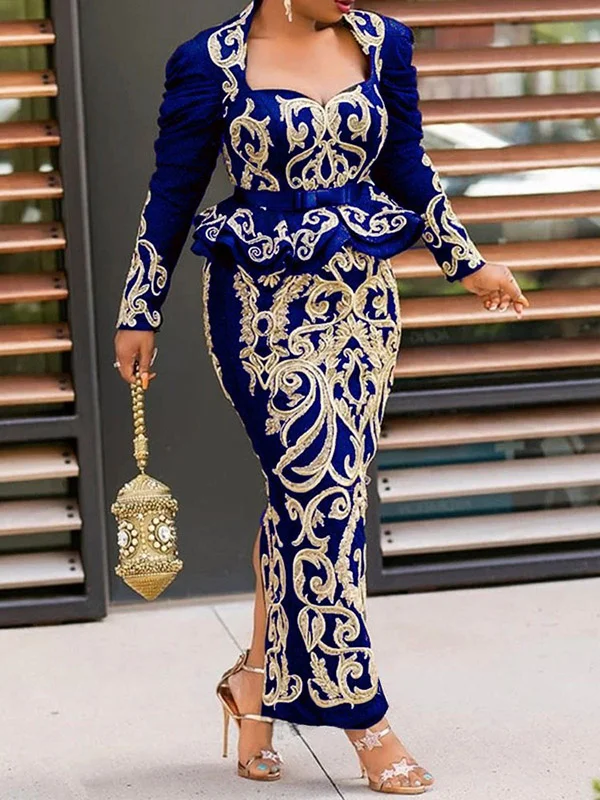 Elegant Bronzing Retro Print Square-Neck Long Sleeve Wrap Maxi Dress