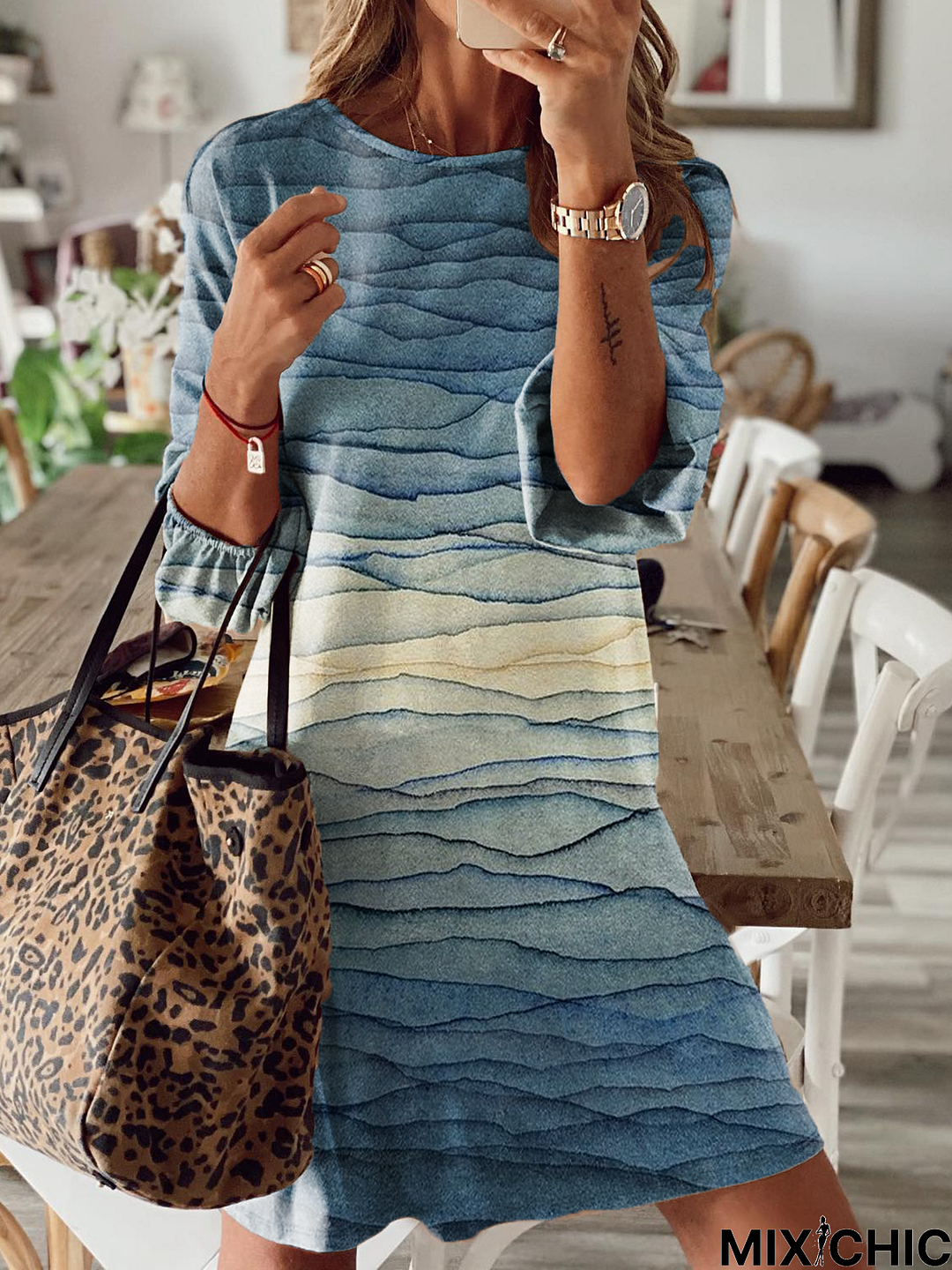 Striped Printed Casual Crew Neck Dress