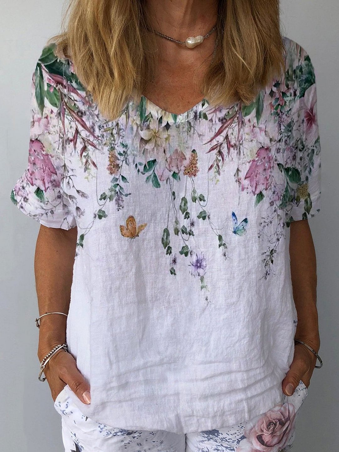 Women's Hanging Floral Print Cotton Linen T-Shirt