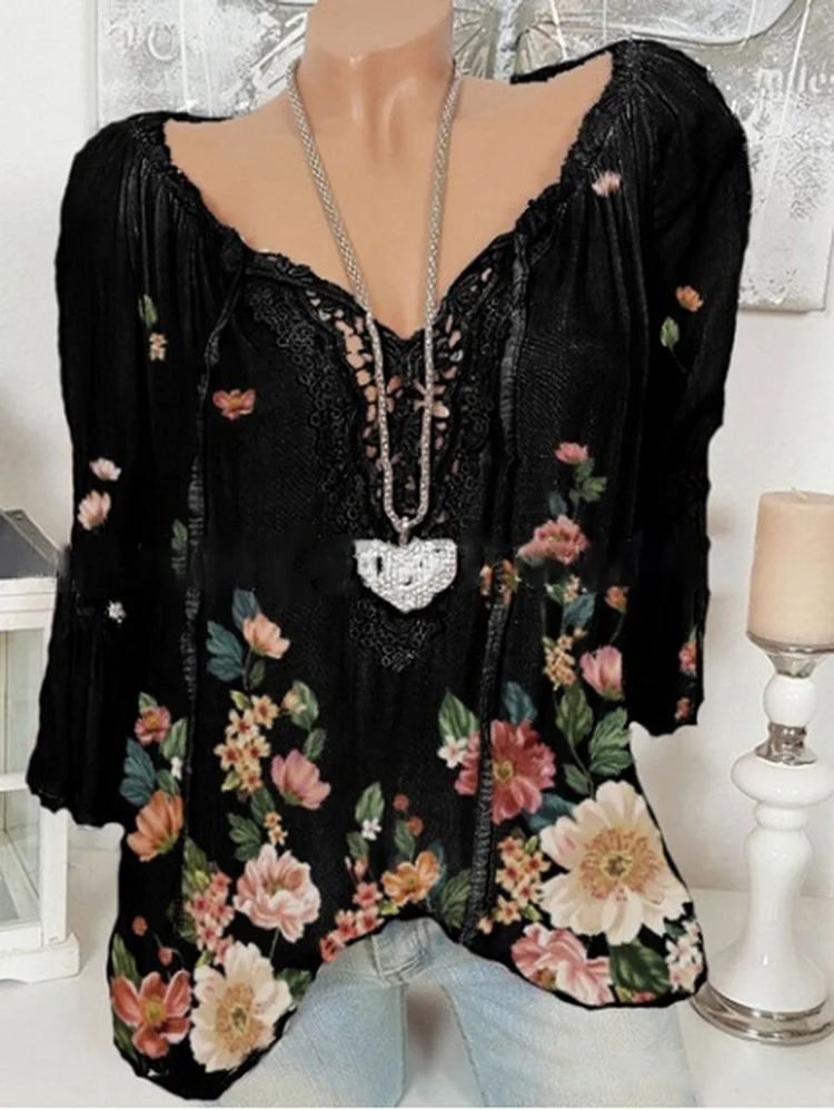 Casual V Neck Lace Patchwork Floral Pattern Blouse