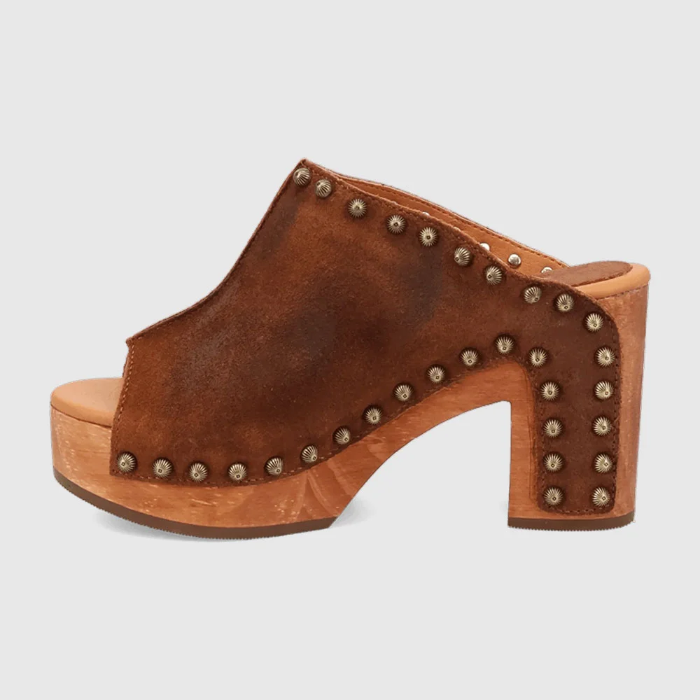 Peep Toe Block Heel Studded Clogs Brown Platform Slip On Sandals