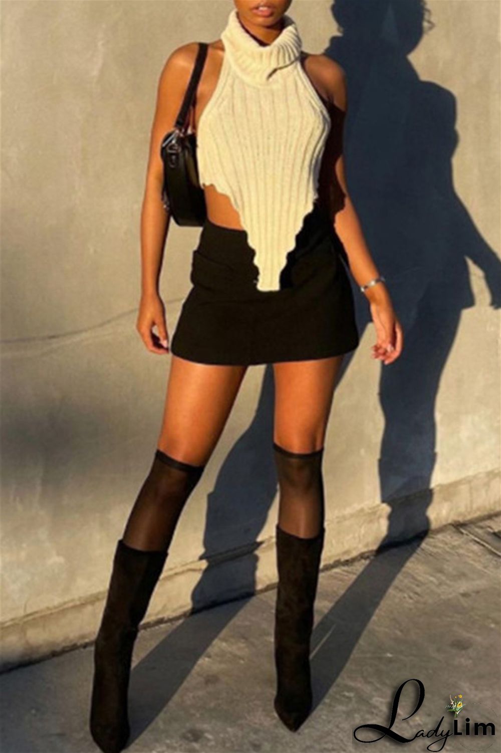 Black Sexy Casual Solid Backless Asymmetrical Turtleneck Tops