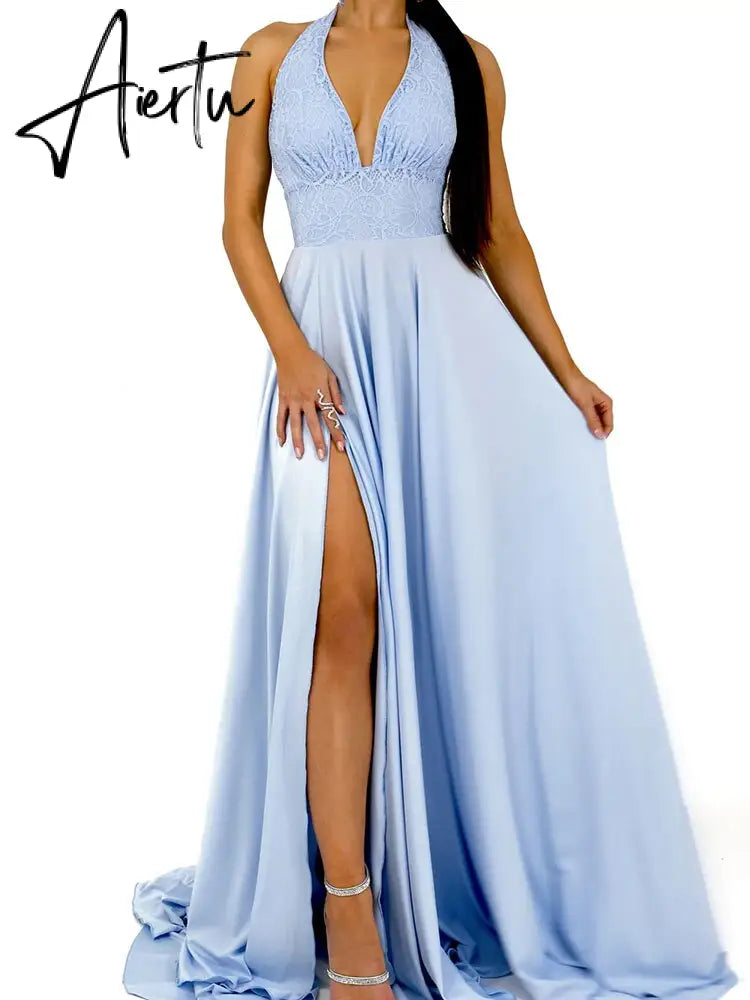 Women'S Wear High-quality Blue Dress Slim And Elegant Solid Color Hanging Neck Style Large Swing Dress Birthday Party Dress Aiertu