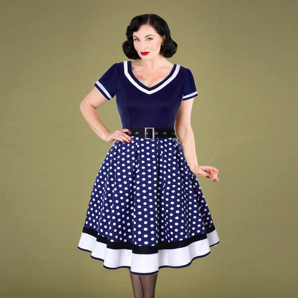 Uveng Cotton Pleated Skirt V-neck Dot Swing Dress
