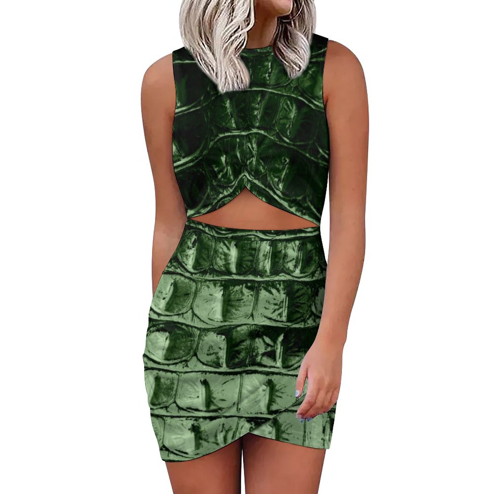 Vintage Hornback Alligator Leather Pine Green Hollow Out Twist Bodycon Dress Women Ruched Wrap Slim Party Club Mini Dresses