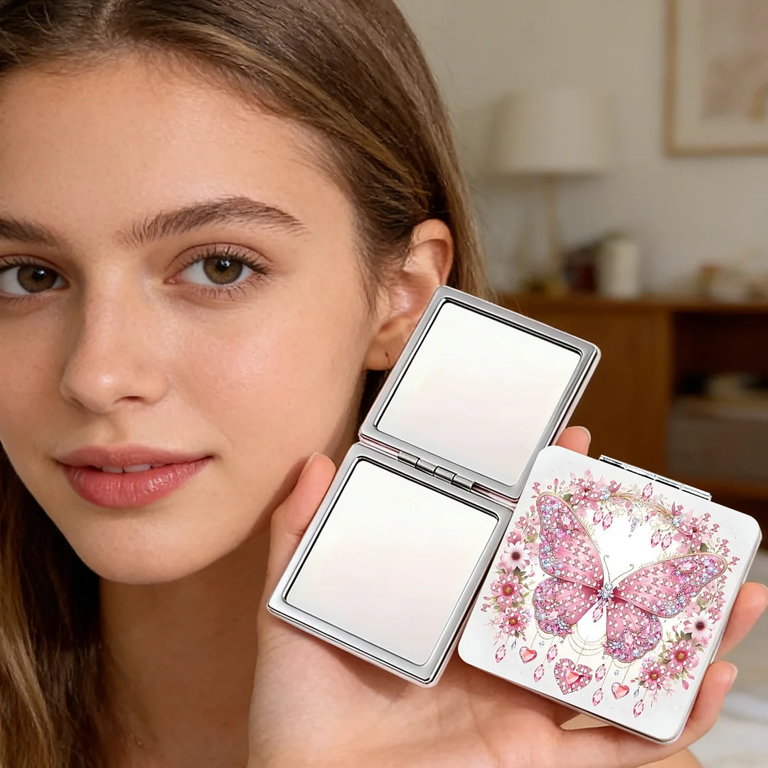 Pink Butterfly DIY Special Shaped Diamond Painting Compact Mirror Kits Diamond Art Painting Pocket Mirror for Beginners Adults Art Craft Woman Gifts