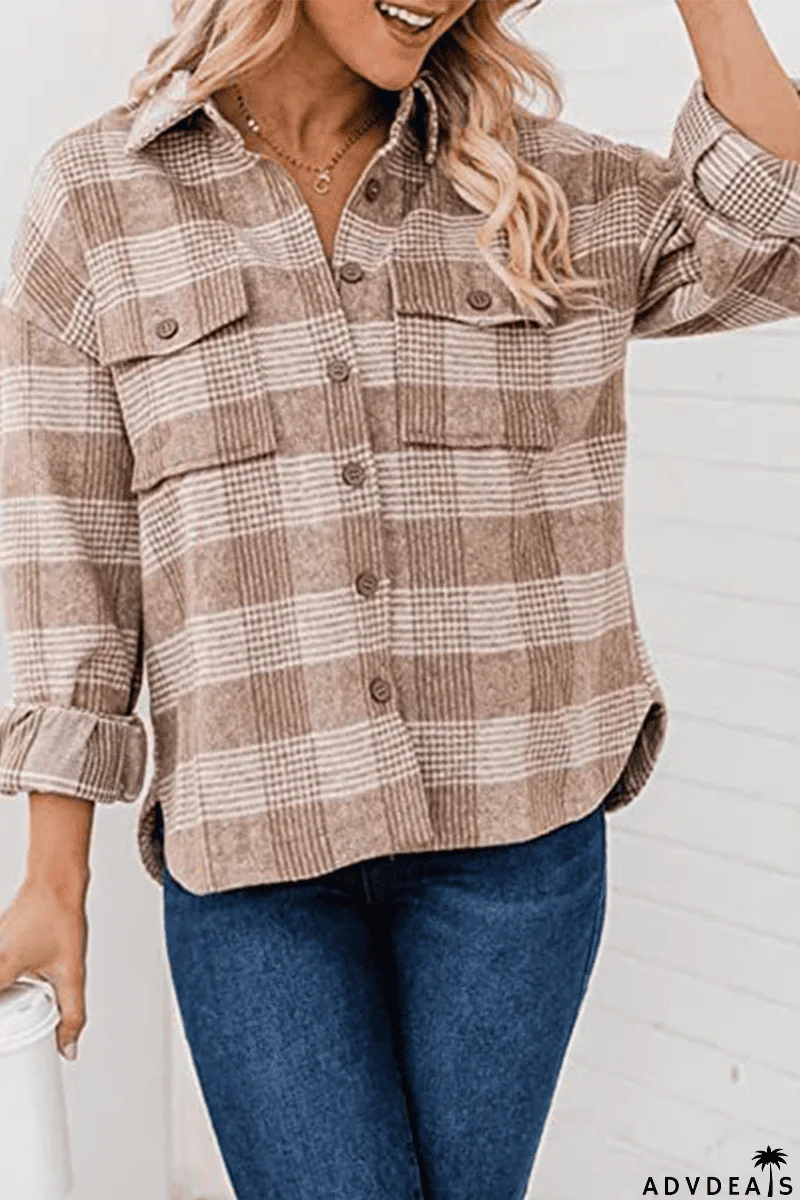 Plaid Buckle Turndown Collar Tops