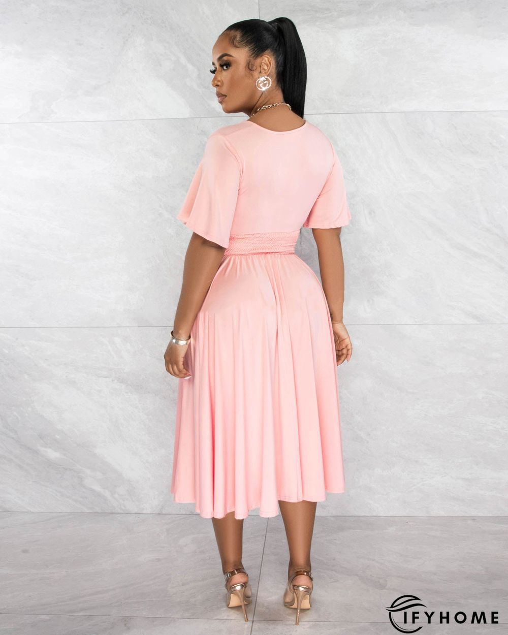 Fashion Solid Color V-neck Short-sleeved Waist Pleated Dress | IFYHOME