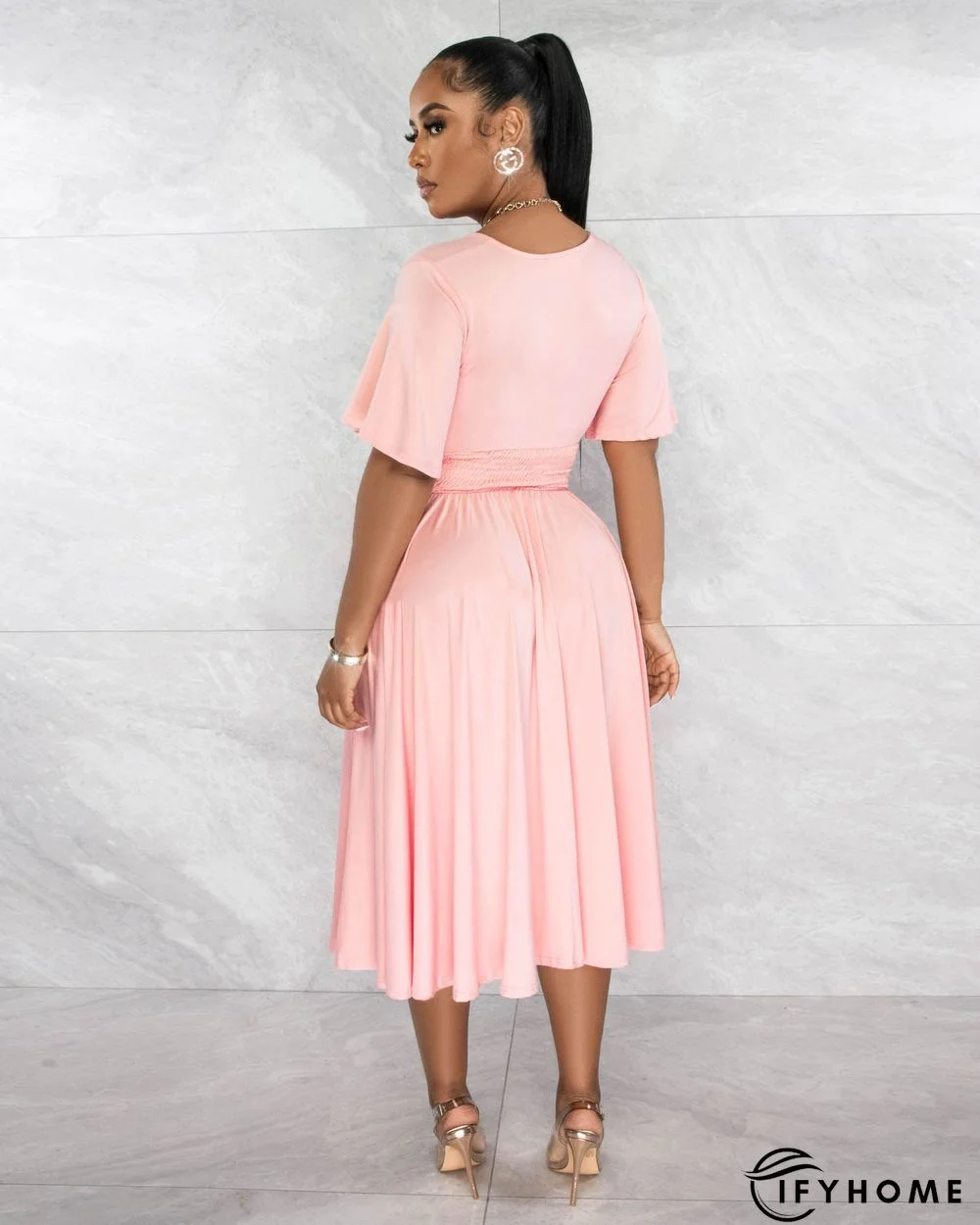 Fashion Solid Color V-neck Short-sleeved Waist Pleated Dress | IFYHOME