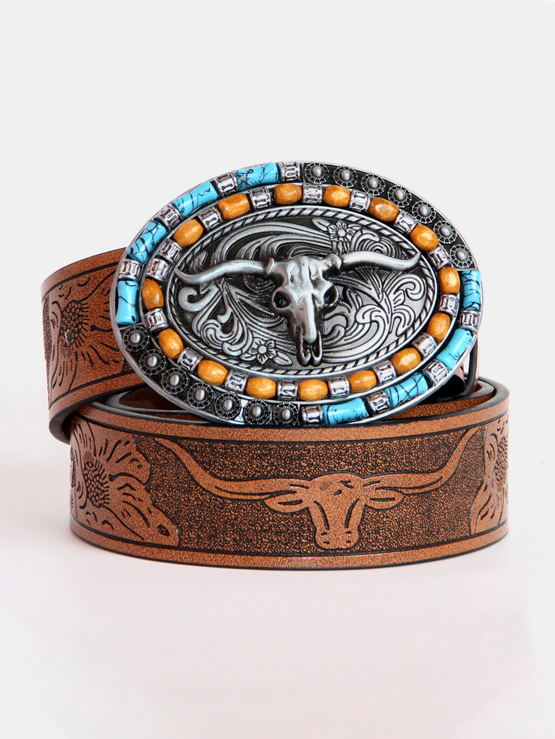 Western PU Leather Metal Bull Head Beaded Embossed Belt