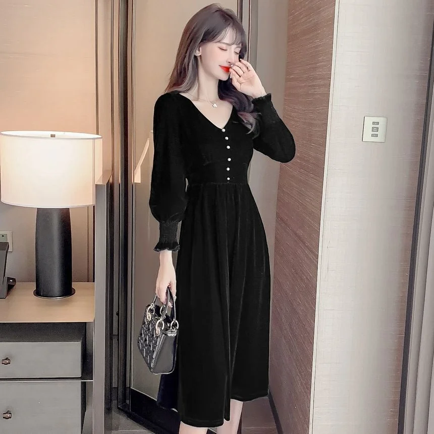 V-Neck Long-Sleeve Midi A-Line Dress YP80