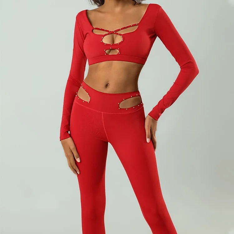 PASUXI Sexy Backless Women's Yoga Twopiece Set Hollow Beaded High Waist Quick-drying Fitness Clothes huanwei