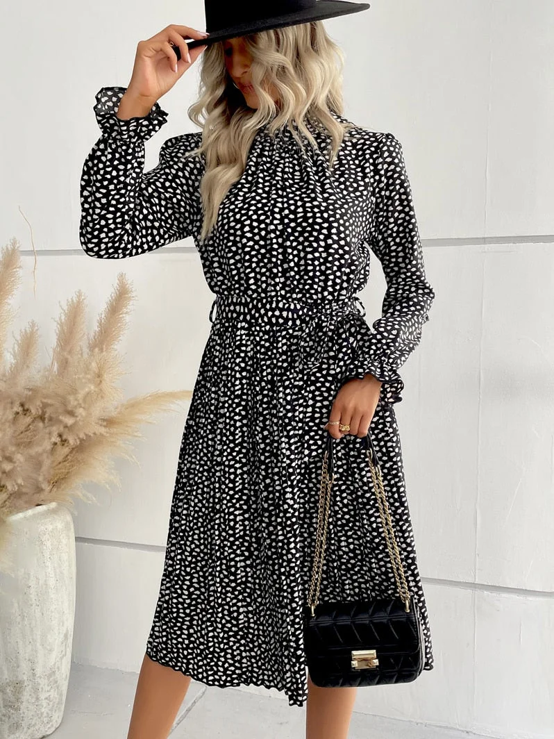 Sonicelife Early Autumn New Women Casual Long Sleeve Crew Neck waist Tie Fall Dress Relaxed Flowy Madi Dresses