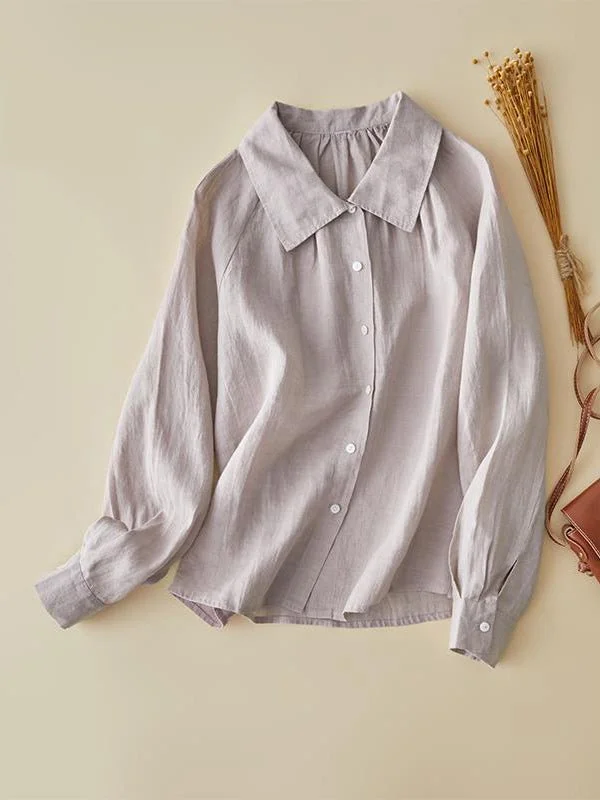 100% Linen Lapel Casual Loose Shirt In One-Size In Solid Color