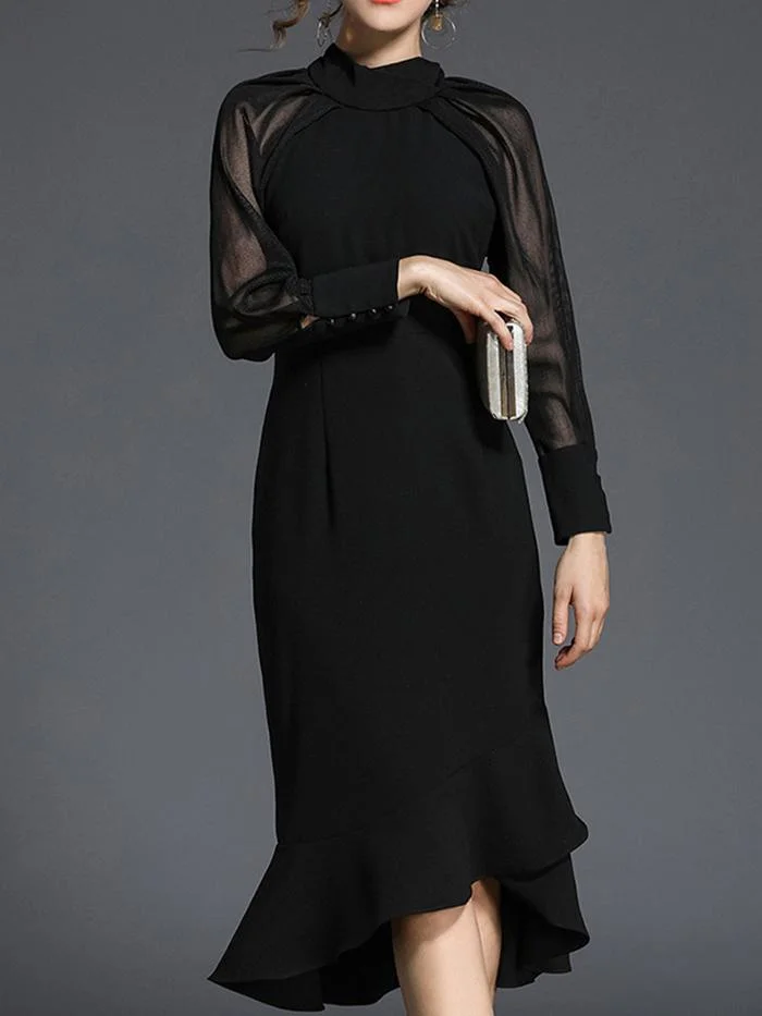 Fashion Stitching Solid Color Long-sleeved Dress