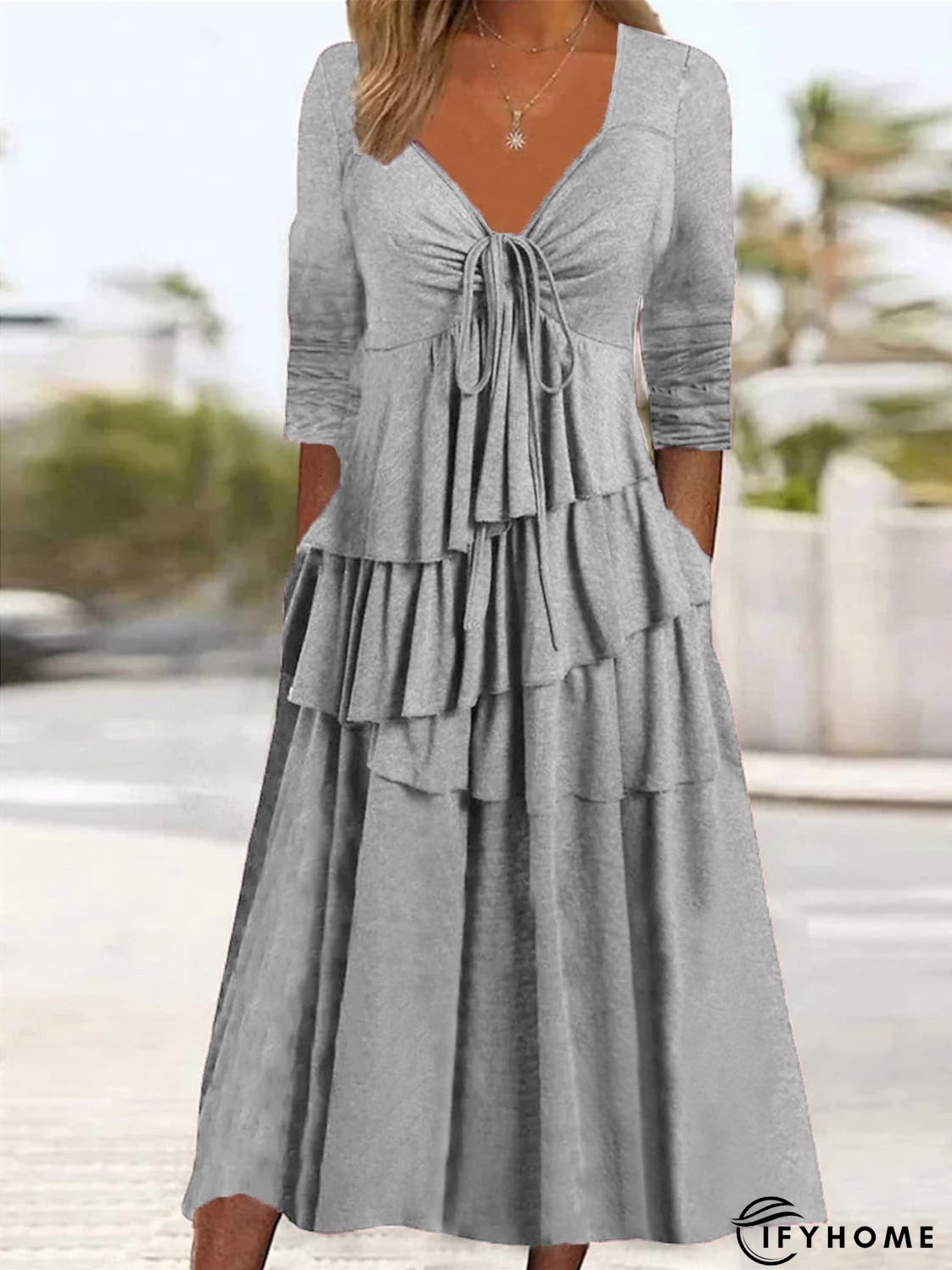 Women's Long Sleeve V-neck Irregular Cake Maxi Dress | IFYHOME