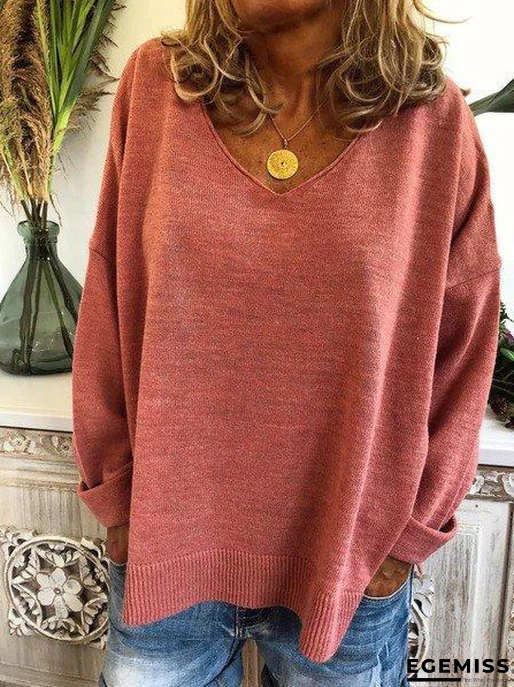 Beige Knitted Long Sleeve Casual Plus Size Sweater | EGEMISS
