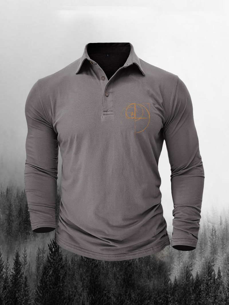 Men's Polo Collar Linear Geometric Pattern Cotton Long-Sleeve Polo Shirt