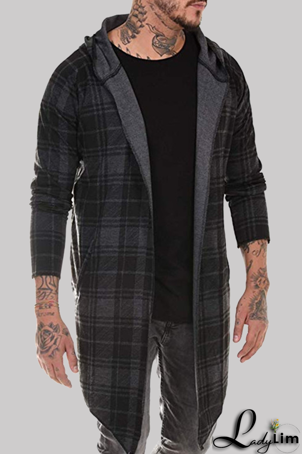 Dark Gray Fashion Casual Plaid Split Joint Hooded Collar Outerwear