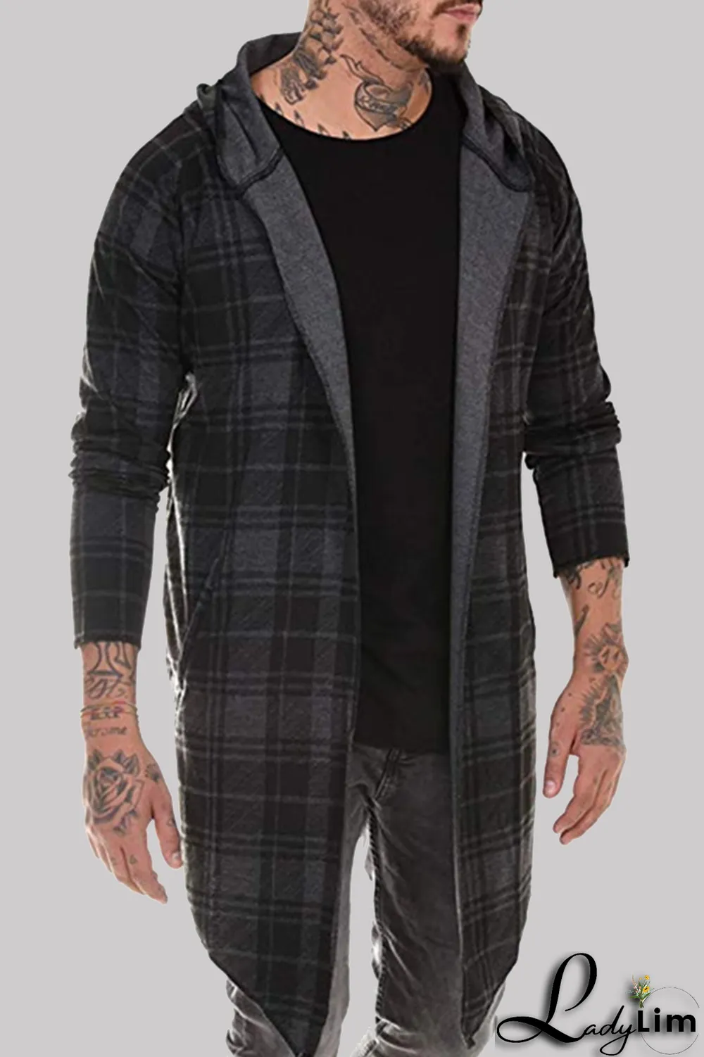 Dark Gray Fashion Casual Plaid Split Joint Hooded Collar Outerwear