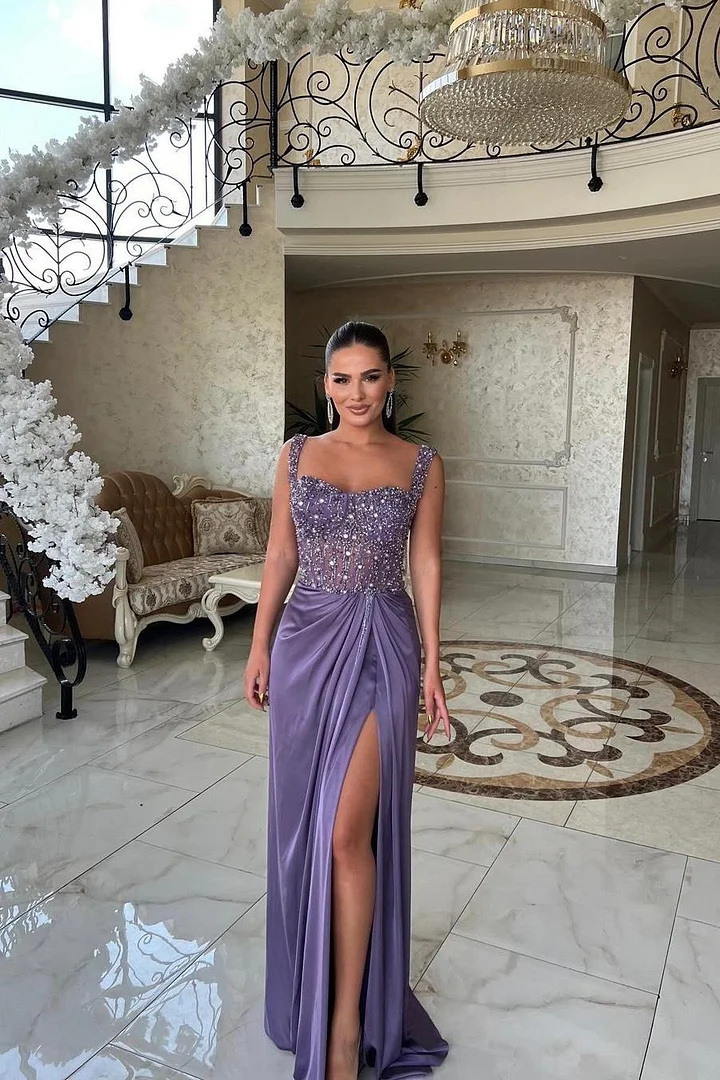 Lvs&Broner Spaghetti Strap Sleeveless Long Split Prom Dress With Beading