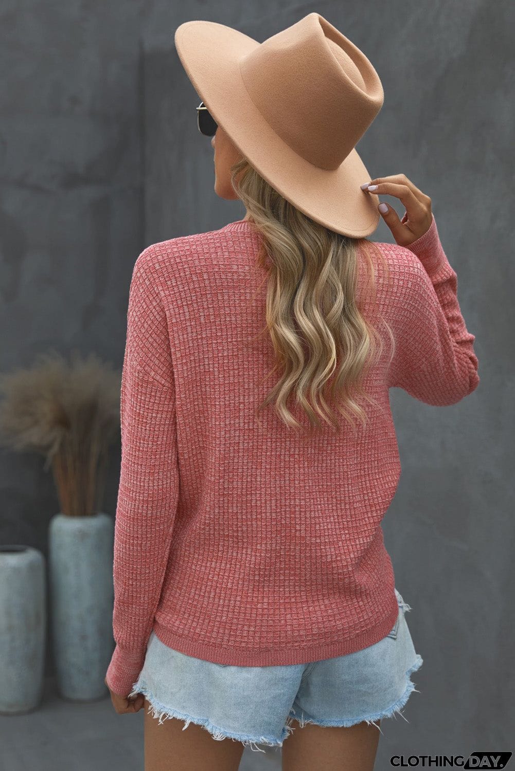 Women's Pink Deep V-neck Long Sleeve Knit Sweater