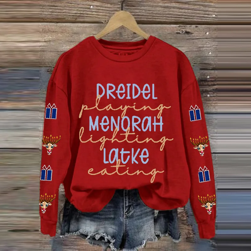 Women's Dreidel Playing Menorah Lighting Latke Eating Printed Casual Sweatshirt