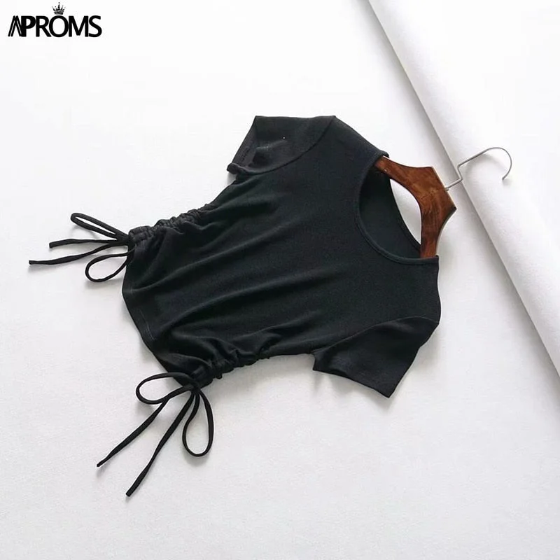 Aproms Sexy V Neck Cropped Tank Tops Women Drawstring Tie Up Front Camis Candy Colors Streetwear Slim Fit Ribbed Crop Top 2021